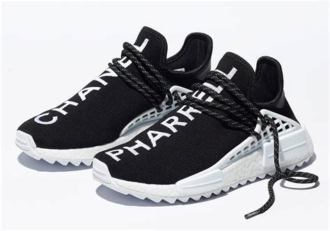 chanel pharrell williams adidas originals nmd hu trail black white|pharrell chanel nmd shoes.